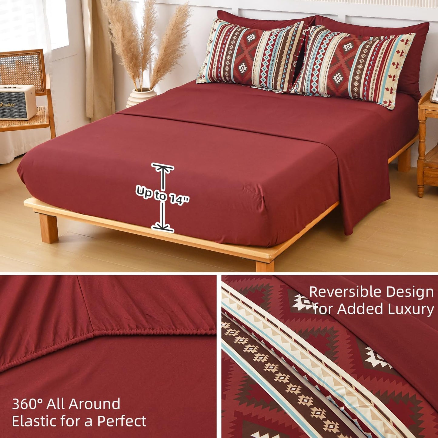 Dinjoy Red Boho Comforter Set Queen,7 Piece Bed in a Bag Queen Size Soft Aztec Bedding Sets with Sheets Bohemian Striped Bed Set Western Burgundy for Fall Winter 90"x90"