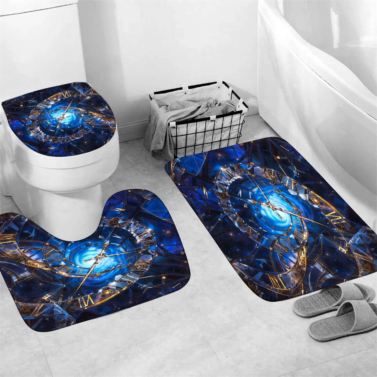 Chrainy 4Pcs Twisted Clock Shower Curtain Set with Rugs Blue Starry Sky Bathroom Decor Set Cosmic Bathroom Set with Shower Curtain and Rugs and Accessories 12 Hooks