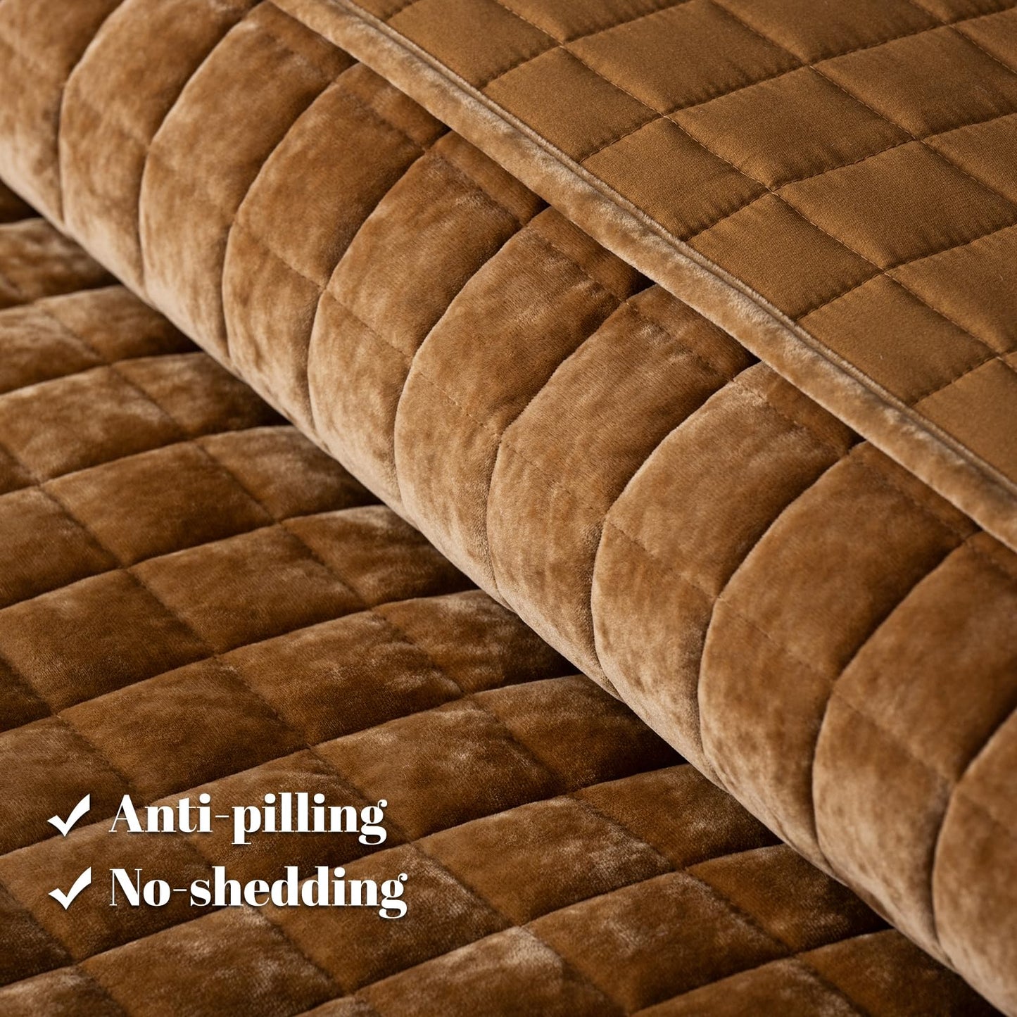 PHF Luxurious Velvet Quilt Set Queen Size – 3PCS Super Soft Quilted Comforter Alternative with Square-Box Quilt Pattern, Warm Quilted Bedspread Coverlet, 90" x 92", Rusty Burnt Orange