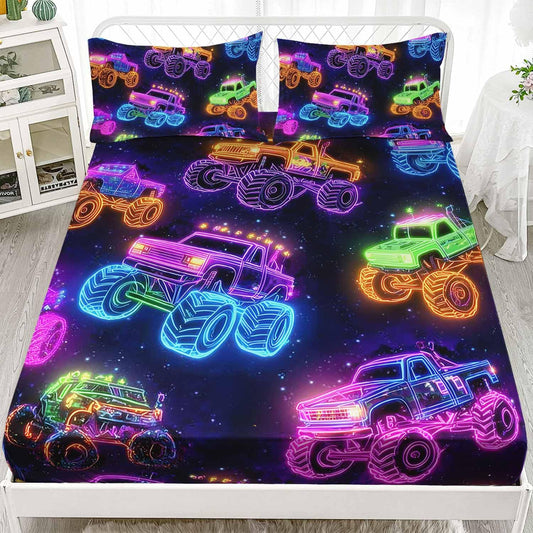 XYNHML Colorful Neon Off-Road Racing Truck Fitted Sheet 3Pcs Twin Cool Speed Race Car Bedding Set for Kid Teen Girl Boy Adult Extreme Sport Sheet Decor with 1 Fitted Sheet+2 Pillowcases No Flat Sheet