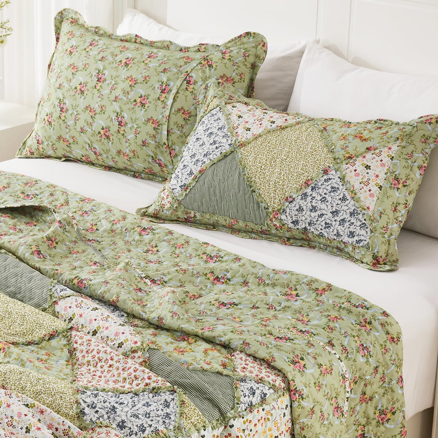 VIVILINEN Full Queen Size Green Patchwork Quilt Set Reversible Quilted Bedspread Coverlet Set 3-Piece Floral Lightweight Comforter Stitched Bedding Set Bed Sheet Set Cover Blanket with 2 Pillow Shams