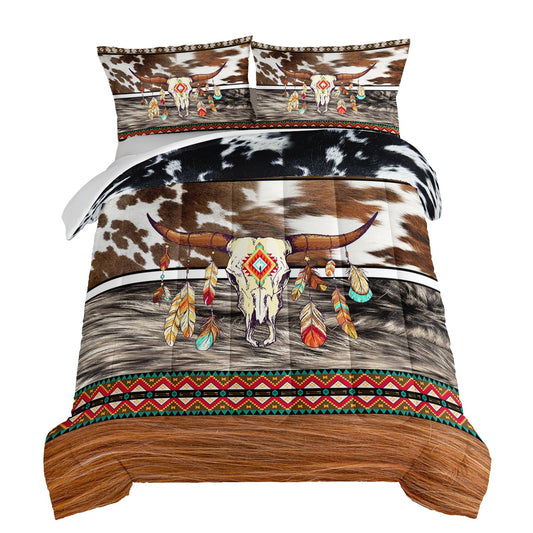 HOSIMA Western Bedding Longhorn Skull Comforter 3 Pieces,Western Highland Cowhide Print Bedding for Boys Teens Soft Microfiber Fluffy Comforter Full Size Farmhouse Style Room Decor Aesthetic.
