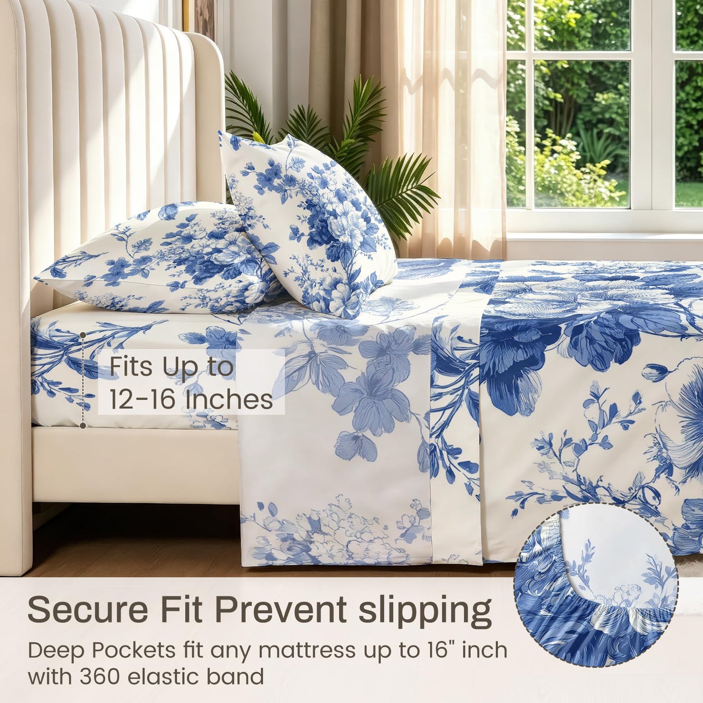 Blue and White Floral King Sheet Set 4 Pcs Chinoiserie Bed Sheets