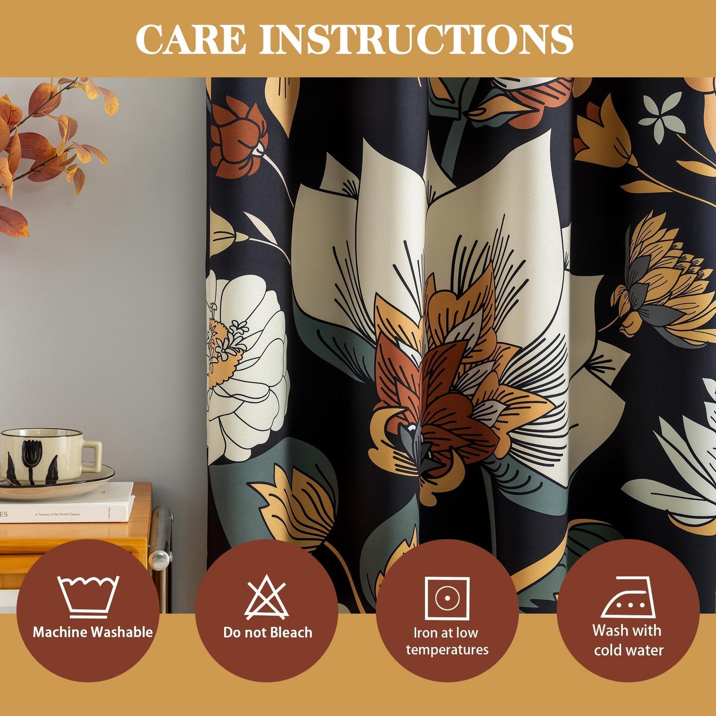 Tyrot Black Boho Floral 100% Blackout Curtains for Bedroom 84 inch Long 2 Panels Mid Century Botanical Black Out Curtains for Living Room Grommet Thermal Insulated Room Darkening Window Drapes,52Wx84L