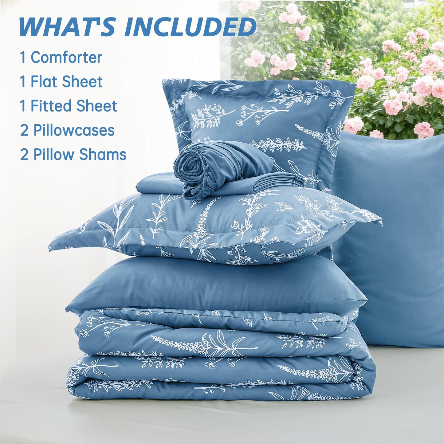 MUXHOMO Ice Blue Bed in a Bag King 7 Pieces, King Comforter Set Reversible Botanical Flowers Design, Ultra Soft & Breathable Bedding Sets with Comforter, Sheets, Pillowcases & Shams
