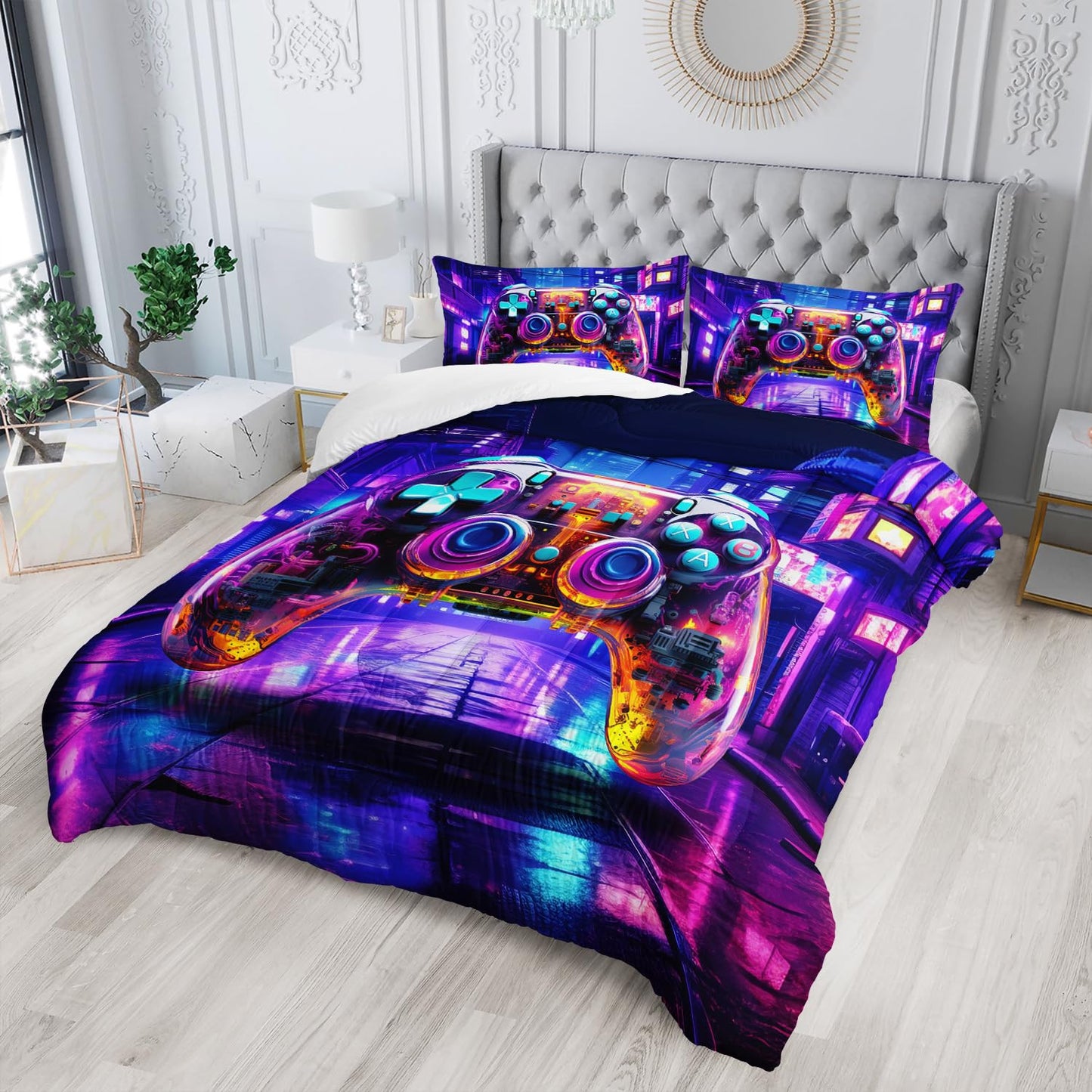 Nttopship Gamer Neon Comforter Set Queen Size, Violet Gaming 3 Bedding Set for Boys Girls Teens, Games Gamepad Lightweight Down Alternative with 2 Pillowcases for Bedroom Decorative
