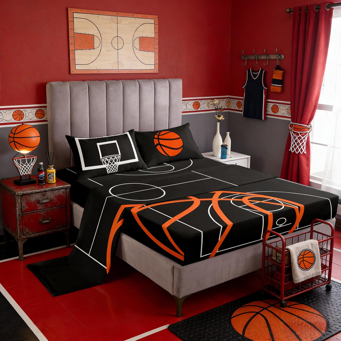 Basketball Court Print Fitted Sheet Set Full Size 4Pcs,Ball Sports Games Themed Bedding Set(1 Fitted,1 Flat,2 Pillows),Orange Basketball and Hoop Deep Pocket Bed Sheets for Girls Teens Room