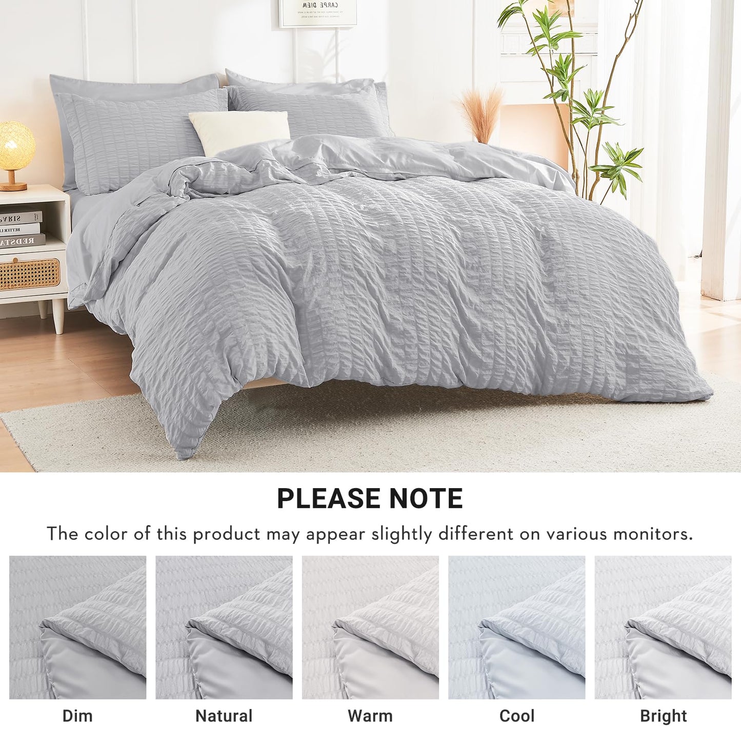 HYMOKEGE Light Grey Twin Comforter Set Seersucker 5 Pieces, All Season Luxury Bed in a Bag for Bedroom, Bedding Set with Comforters, Sheets, Pillowcase & Sham
