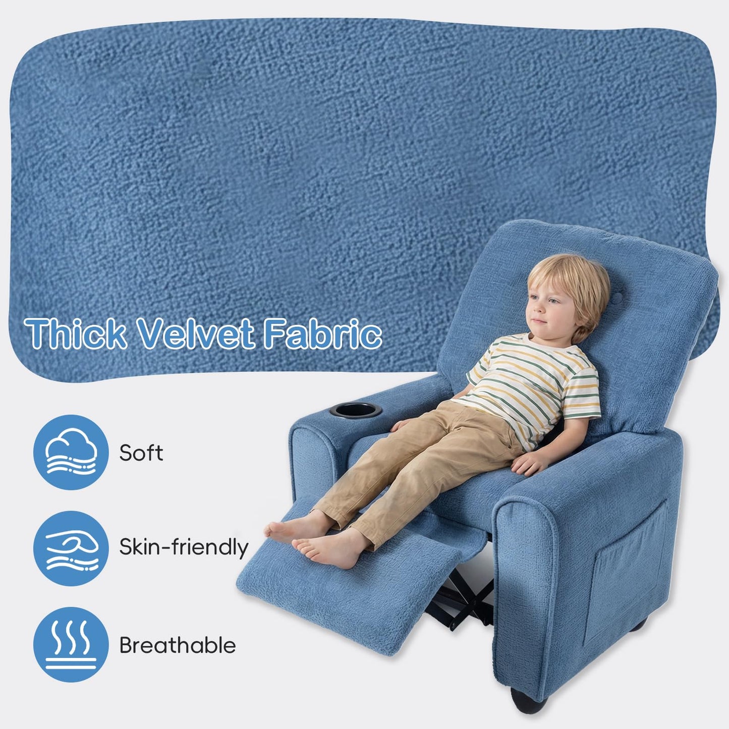 INFANS Kids Recliner, Toddler Lounge Chair with Adjustable Backrest Footrest Cup Holder Side Pockets, Velvet Leather Toddler Couch