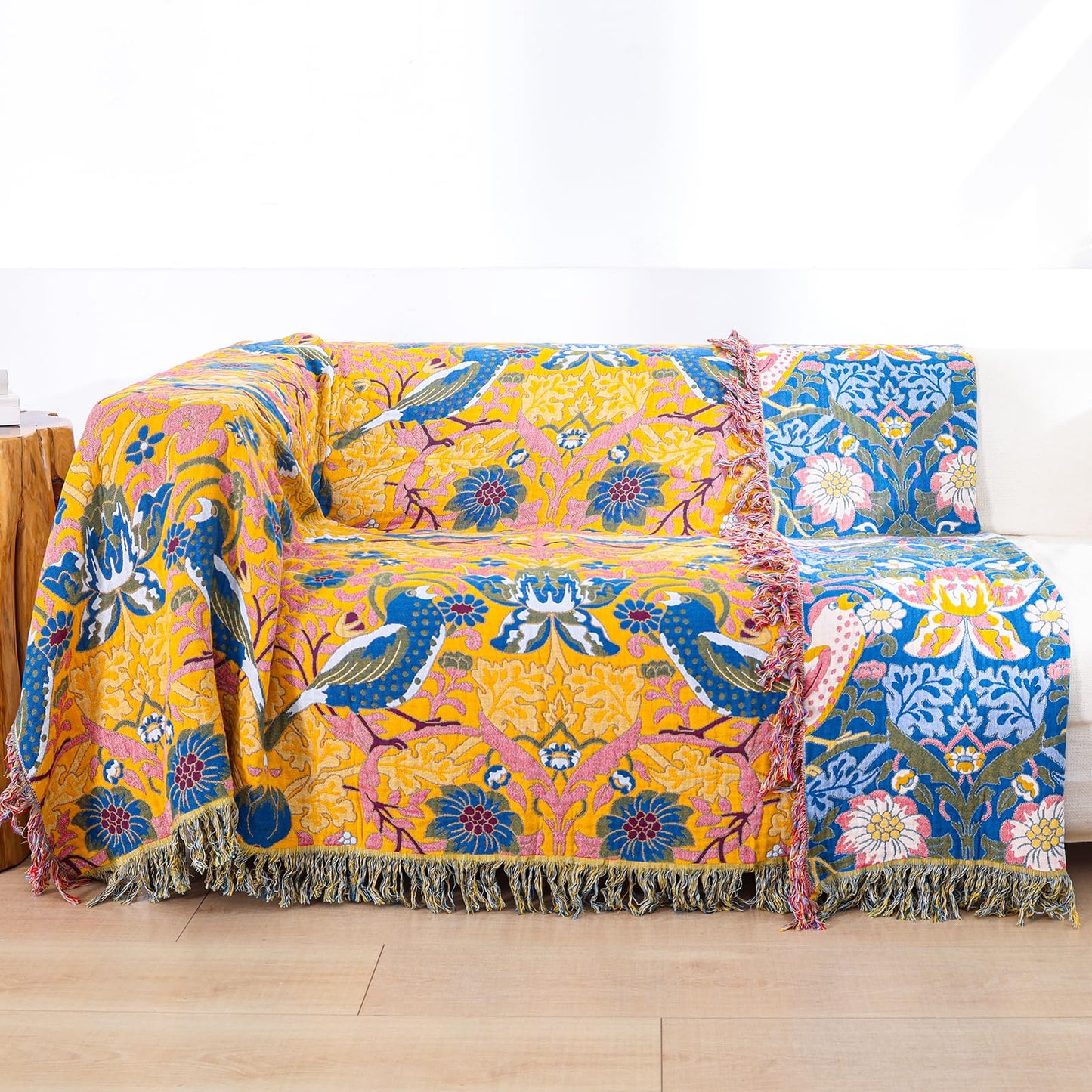 STASOPTK Boho Cotton Muslin Twin Size Bed Throws,100% Cotton Rustic 4 Layer Reversible Bid and Floral Woven Washable Breathable Decor Blanket 60"×80" for Couch Sofa All Seasons,Blue &Yellow