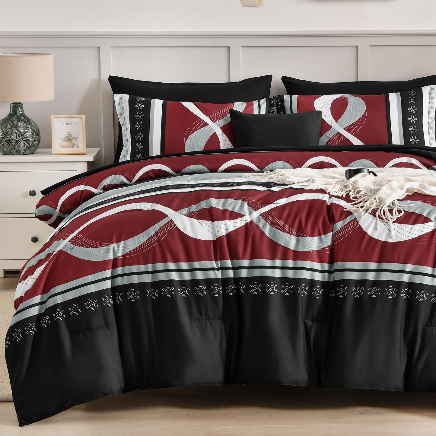Anibedding Burgundy Comforter Set Queen Size, 8 Pieces Striped Bed in a Bag, Patchwork Comforter with Sheets Set Soft Microfiber Boho Bedding Sets(90"×90")