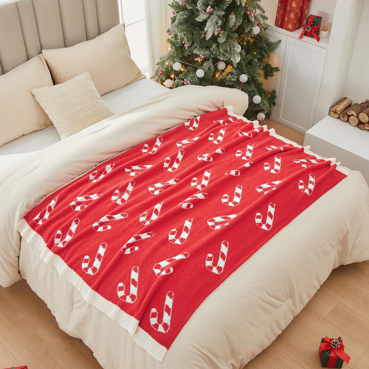 Douceur Christmas Candy Cane Throw Blanket, Ultra Soft Red Fluffy Festival Blanket, Reversible Cozy Decorative Blanket for Bed Couch Sofa, Super Soft Indoor Living Room Plush Throws, 60"X80"