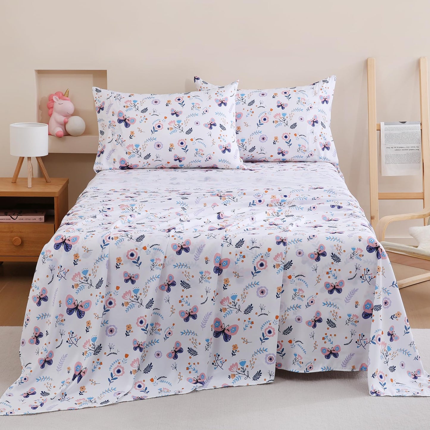 Yibeizi Butterfly Floral Sheet Set for Girls Twin, Kids Boho Print Bedsheets Microfiber Deep Pocket Cute Patterned Bed Sheet & Pillowcase Sets 3 Pieces