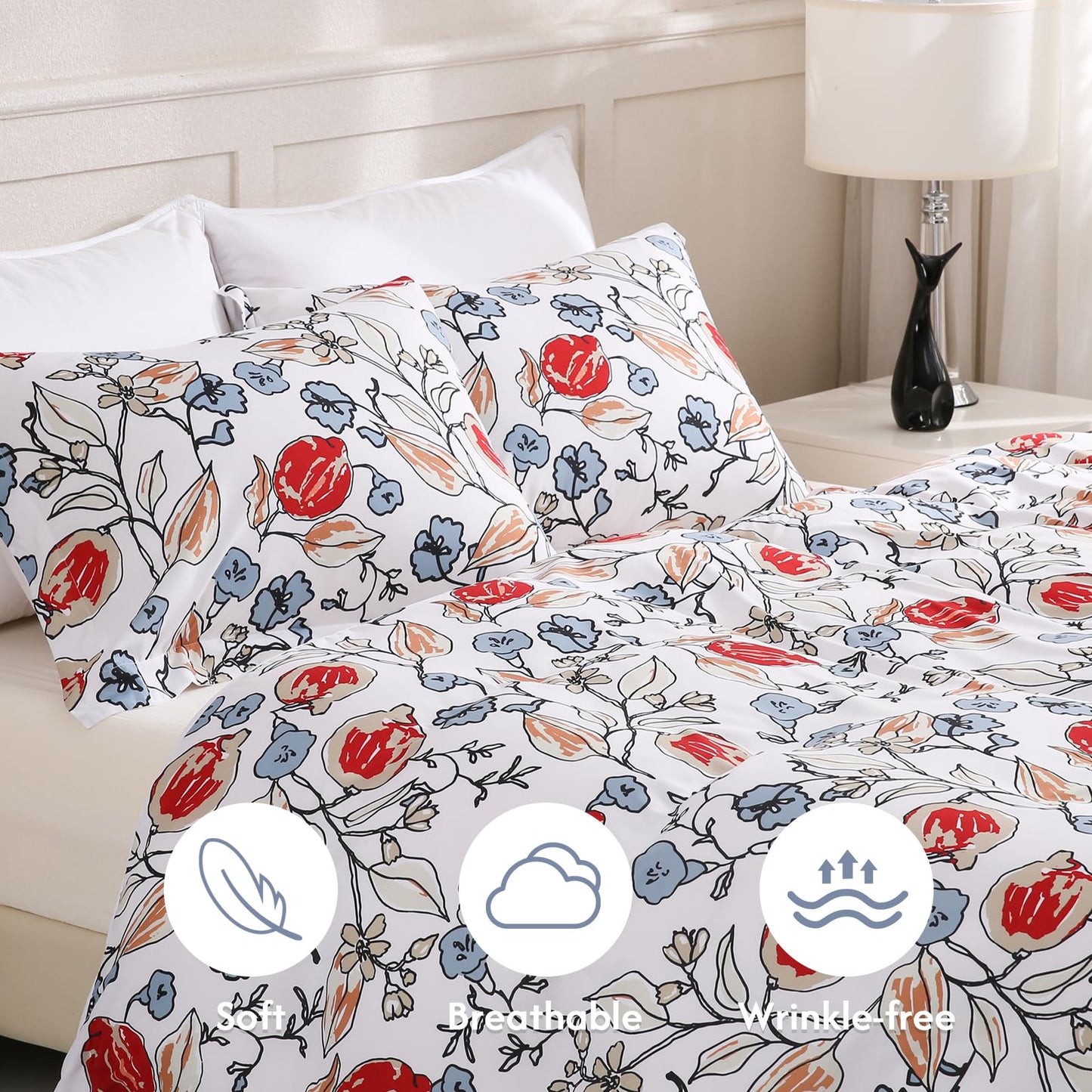 LONAVA Queen Flower 3 Pcs Duvet Cover Set, Breathable Soft Microfiber White Lining Comforter Cover with Zipper Closure, and 2 Anti-Pilling, Fade Resistant Pillowcases, Red Bud