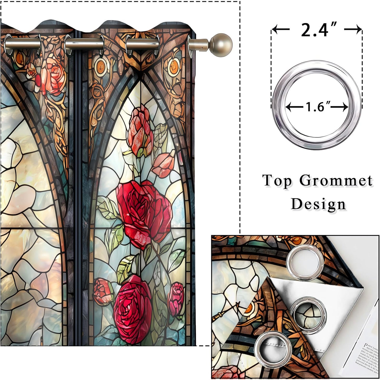 HIYSMT Retro Stained Glass Castle Curtains,4263inch Fairytale Princess Rose Blackout Curtain,Nordic Arched Window Printed Drapes for Girls Women Bedrooms Living Room 2Panels HILC039