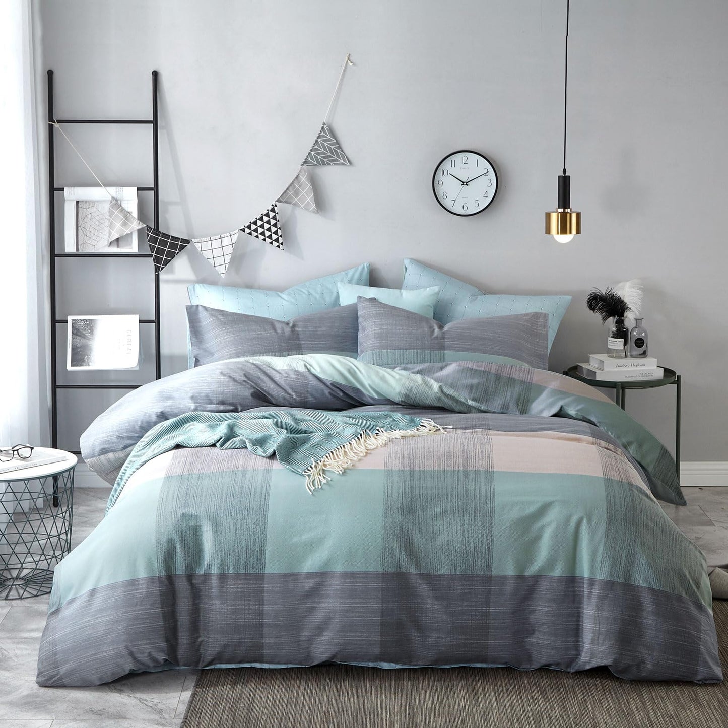 VM VOUGEMARKET Blue Patchwork Duvet Cover Set Queen Multi-Dimensional Design Modern Bedding Set Plaid Mint Green with Stripes Soft Cotton Comforter Cover with Zipper Closure-No Filling