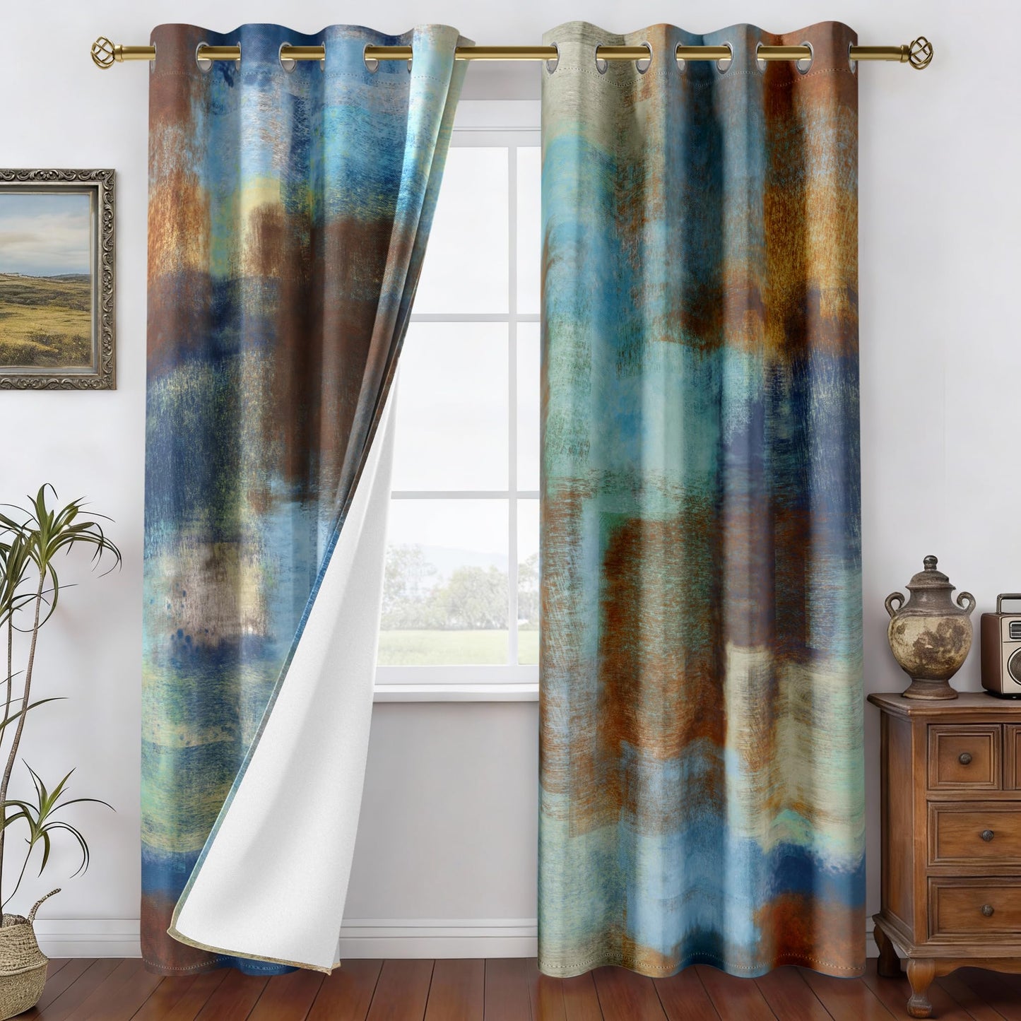 Asuexpect Abstract Curtains 2 Panels Abstract Rust Curtain Room Darkening Grommet Window Treatments Modern Decorative for Bedroom Living Room, 52x84 Inches, Blue Rust