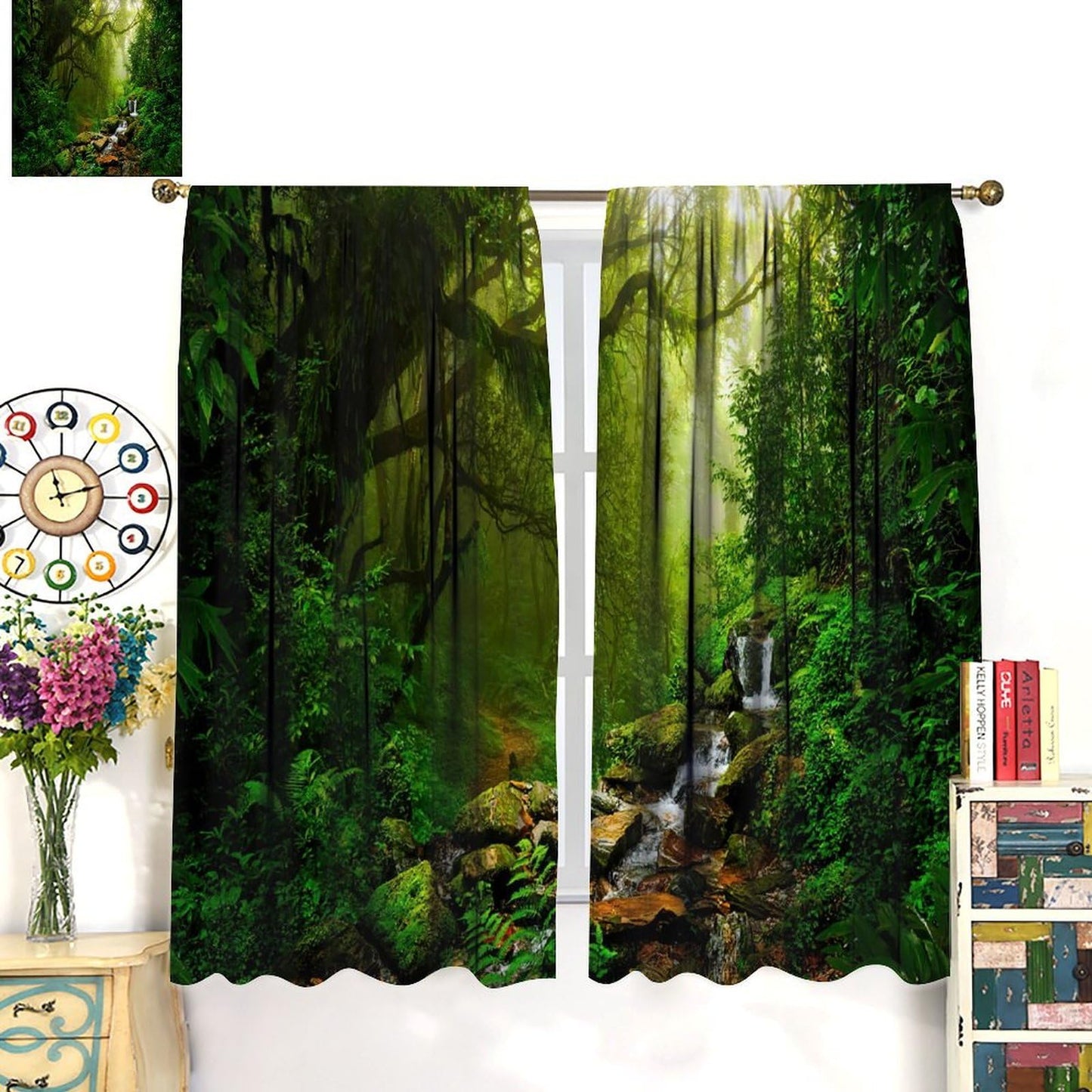 AuiMzoo Forest Blackout Curtains, Natural Tropical Waterfall Jungle River Rainforest Landscape Scenic Print, Bedroom Living Room Kitchen 21" W x 45" L