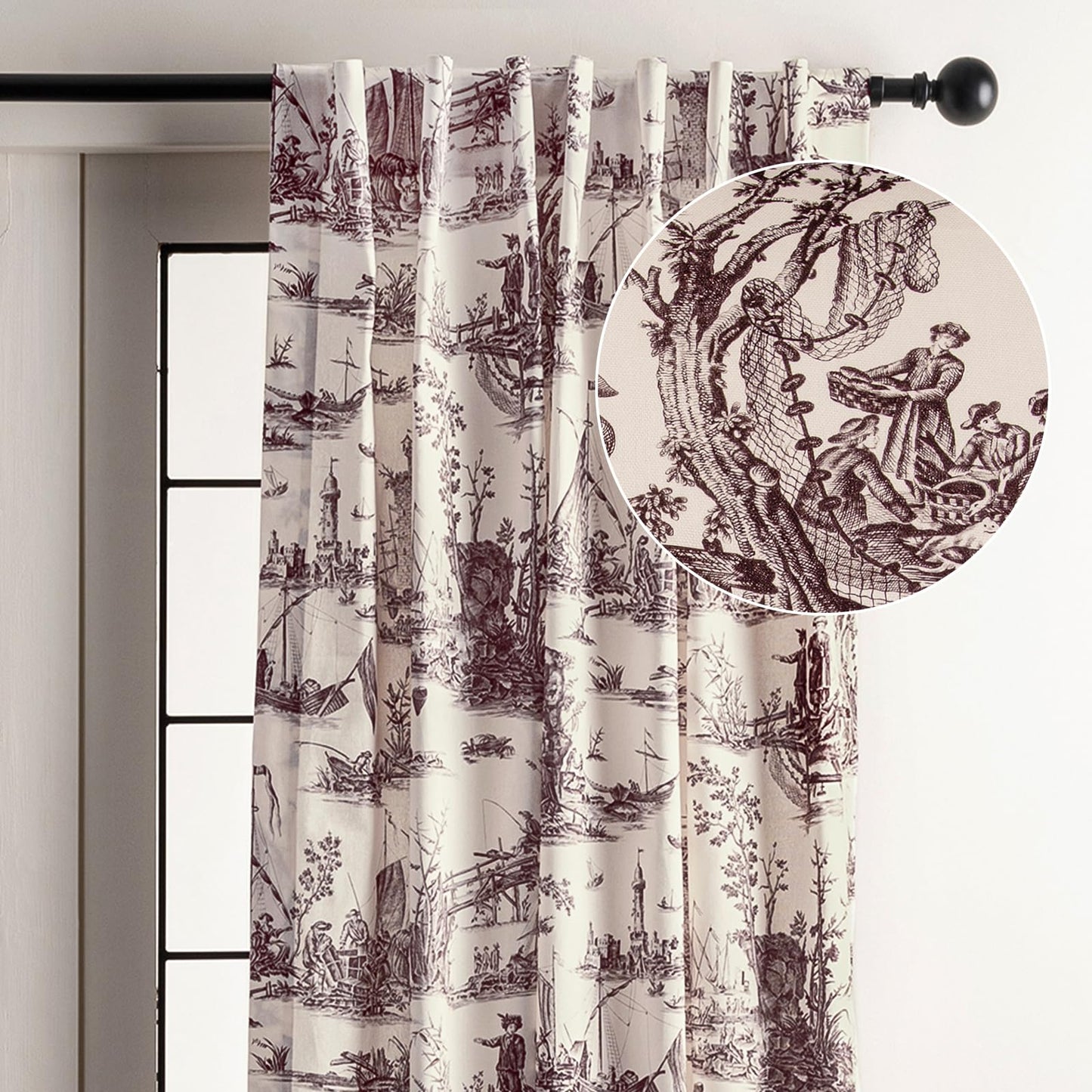Maison d' Hermine Curtains for Living Room 100% Cotton 96 inch Length One Panel Light Filtering Toile Curtains for Bedroom Windows with Rod and Loop Pockets Drapes (Calais Charcoal, 50" W x 96" L)