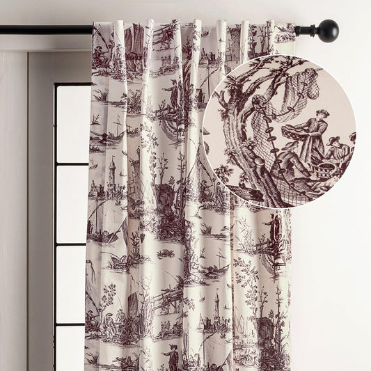 Maison d' Hermine Curtains for Living Room 100% Cotton 96 inch Length One Panel Light Filtering Toile Curtains for Bedroom Windows with Rod and Loop Pockets Drapes (Calais Charcoal, 50" W x 96" L)