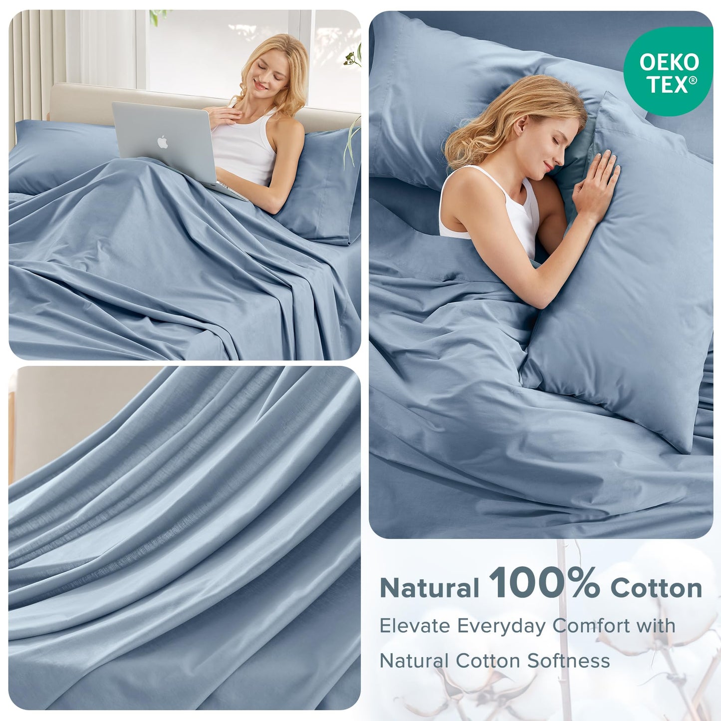 Comfort Spaces 100% Cotton Sheet Set Breathable, Lightweight, Soft with 14" Elastic Pocket Fits up to 16" Mattress, All Season Cozy Bedding, Matching Pillow Case, King Blue 4 Piece