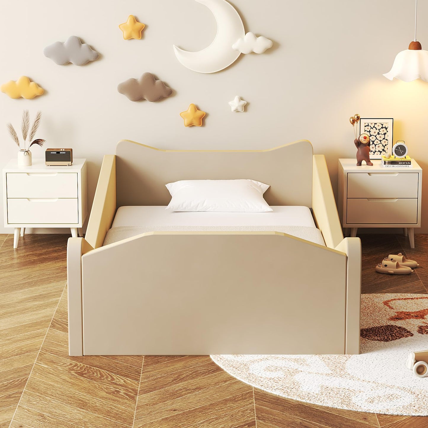 JOYMOR Toddler Bed, Floor Bed with Safety Guadrail, Montessori Toddler Bed with Animal Ear Shapes, Soft Velvet Wood Bed for Infant, Kids, Mattress not Included (Beige)
