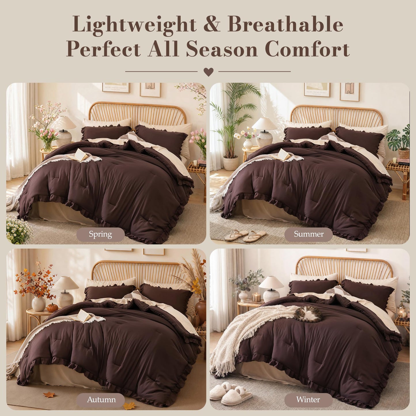 JANZAA Brown Comforter Set Queen – Soft Microfiber, Lightweight All Season Bedding, Ruffle Shabby Chic Aesthetic, Breathable Cozy Bed Set with 2 Pillow Shams, Machine Washable