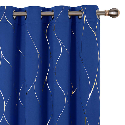 Deconovo Royal Blue Blackout Curtains 2 Panel Set for Bedroom, Thermal Insulated Grommet Room Darkening Window Drapes for Living Room, Gold Line Foil Print, 52W x 45L Inch