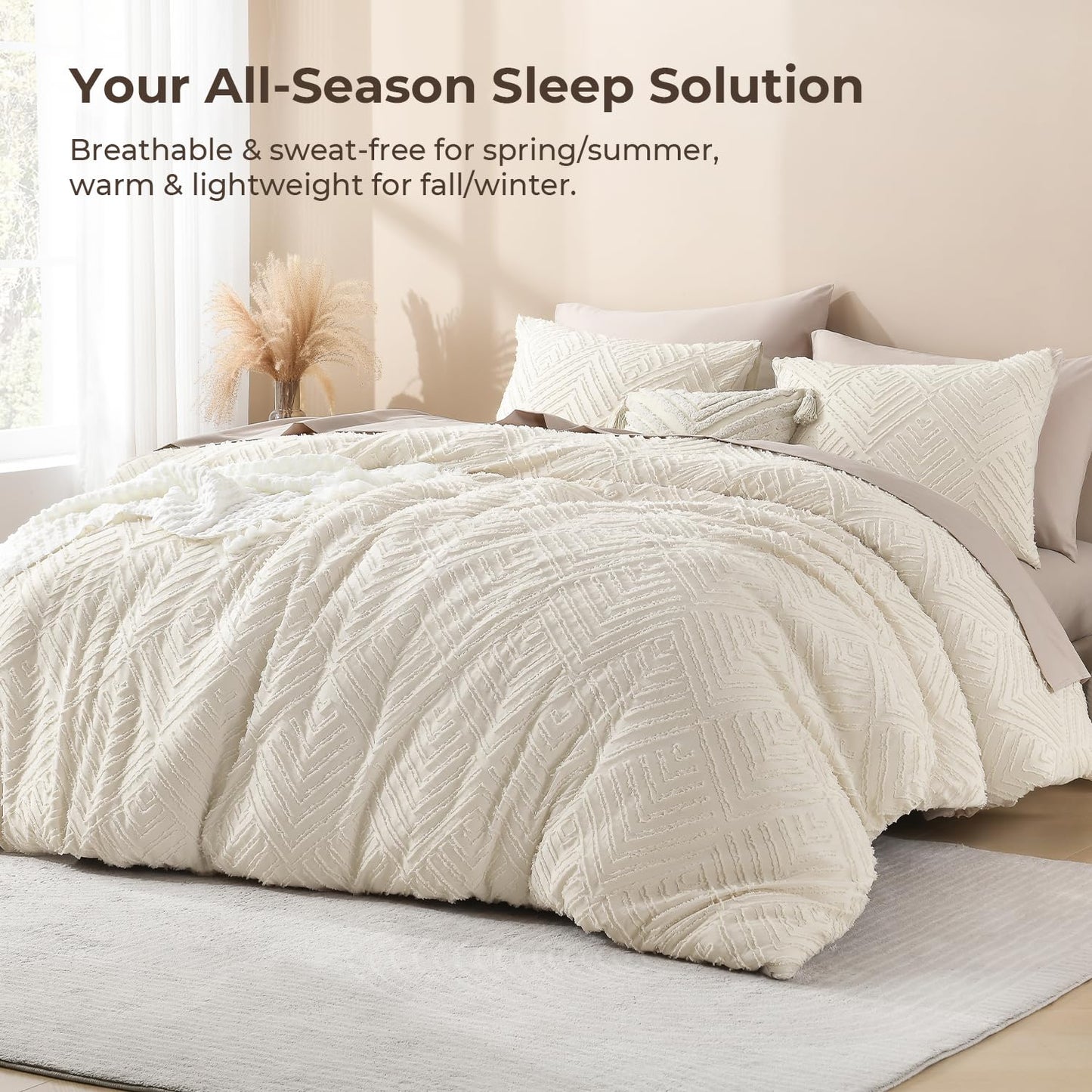 Litanika Queen Comforter Set Beige, 3 Pieces Cream Tufted Boho Farmhouse Bedding Comforter Sets, Lightweight Fluffy Comforter Bed Set for All Season (90x90In Comforter and 2 Pillowcases)
