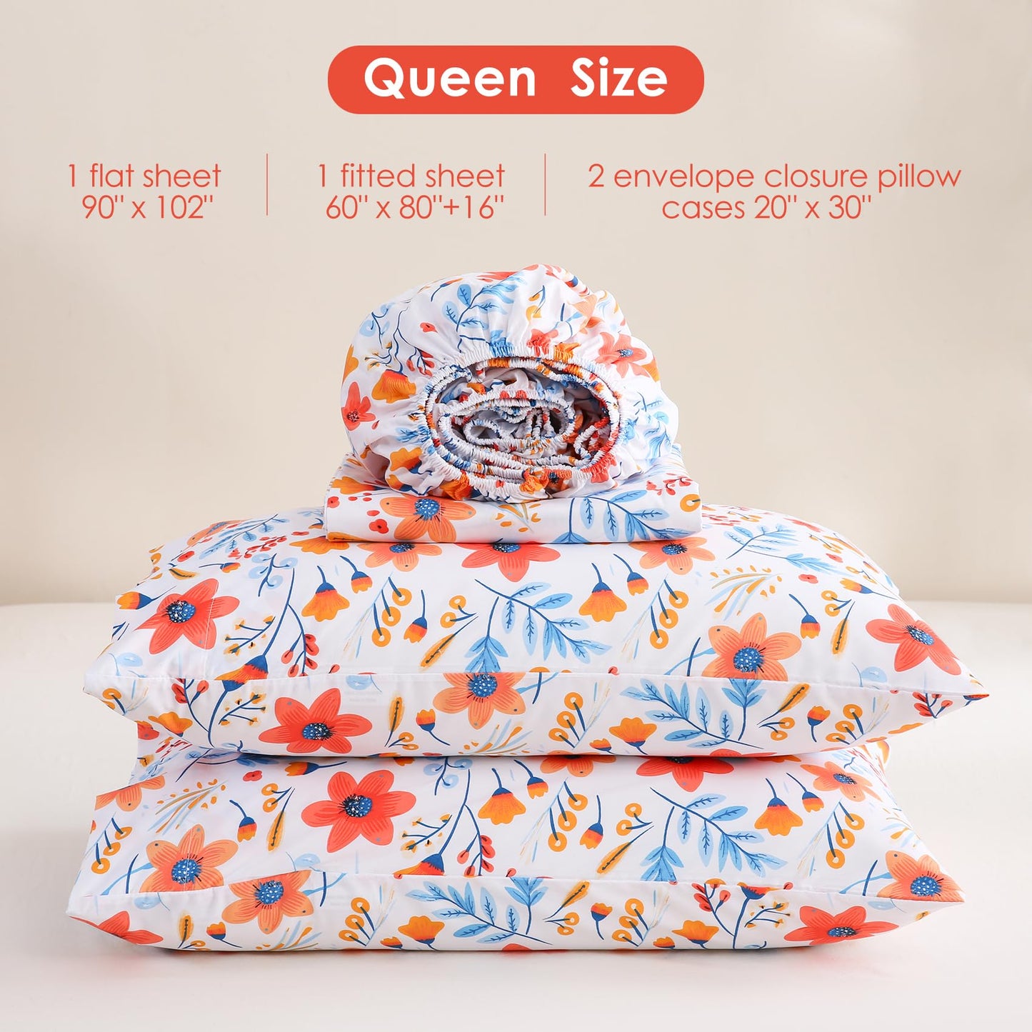 JSD Spring Floral Printed Sheet Set Queen Size, 4 Piece Flower Pattern Microfiber Bed Sheets Deep Pocket