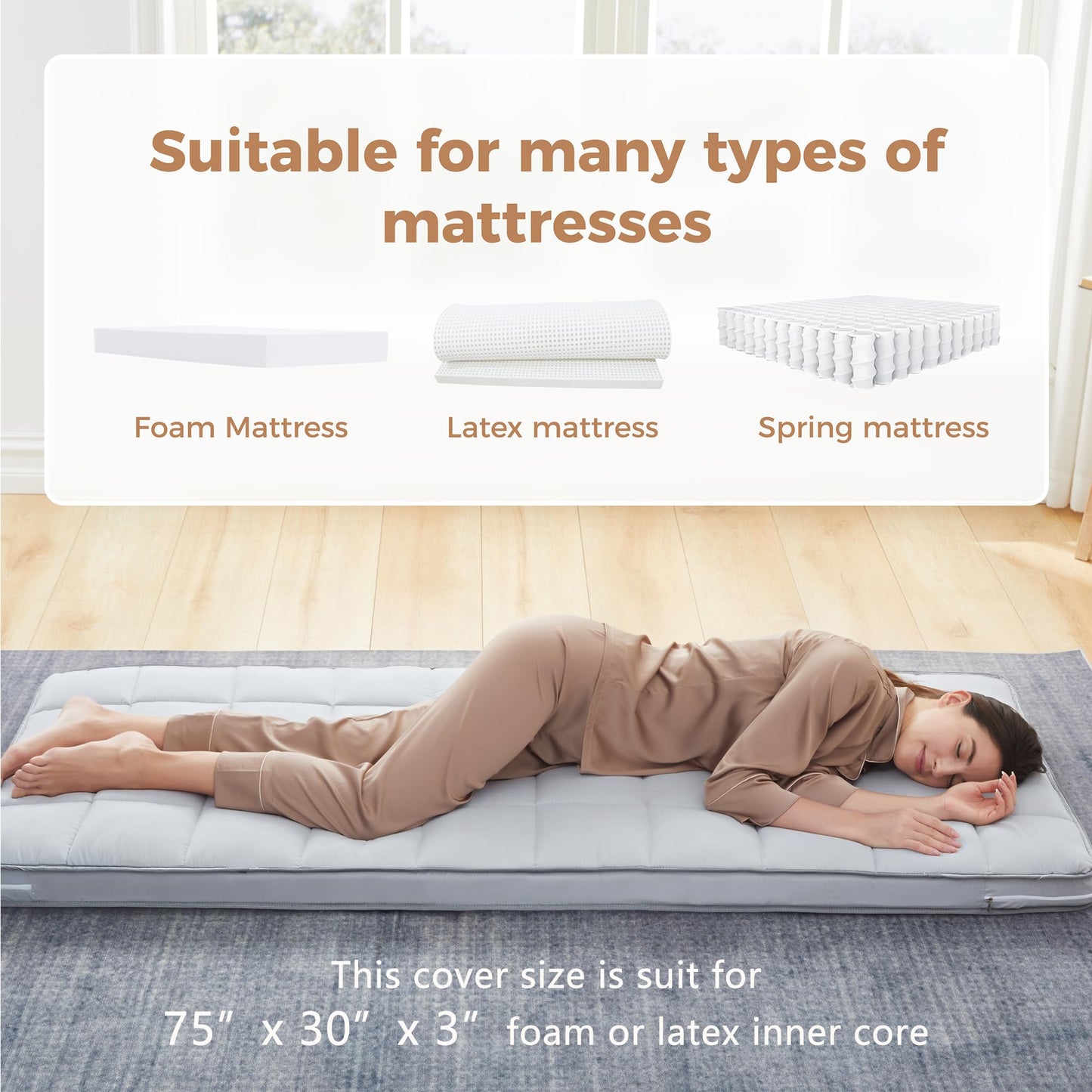 Jamdok 3Inch Narrow Twin Mattress Topper Cover(Only Cover),Cot Mattress Protector Bedding,Foam and Latex Mattress Cover with Zipper,Pillow Top and Bottom(75 x 30”) Gray