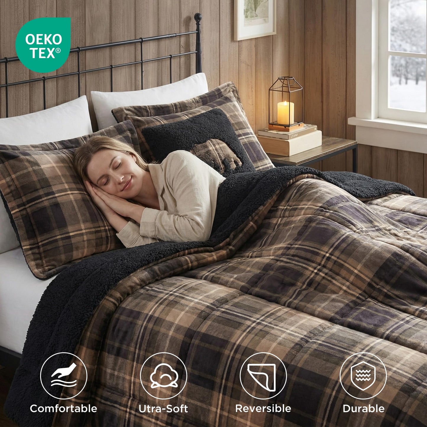 Woolrich Reversible Comforter Set Ultra Soft Plush to Sherpa, Down Alternative, Cold Weather Winter Warm Bedding, with Matching Sham, Decorative Pillow Brown/Black Full/Queen 4 Piece