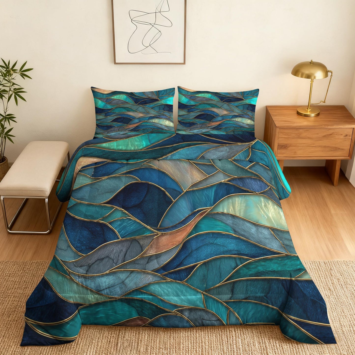 Flumoxa Stained Glass Comforter Set Full, Teal Abstract Marble Comforter Down Alternative All Season Bedding, Stained Glass Bed Sets Full Size with Pillowcase, Bedroom Decor
