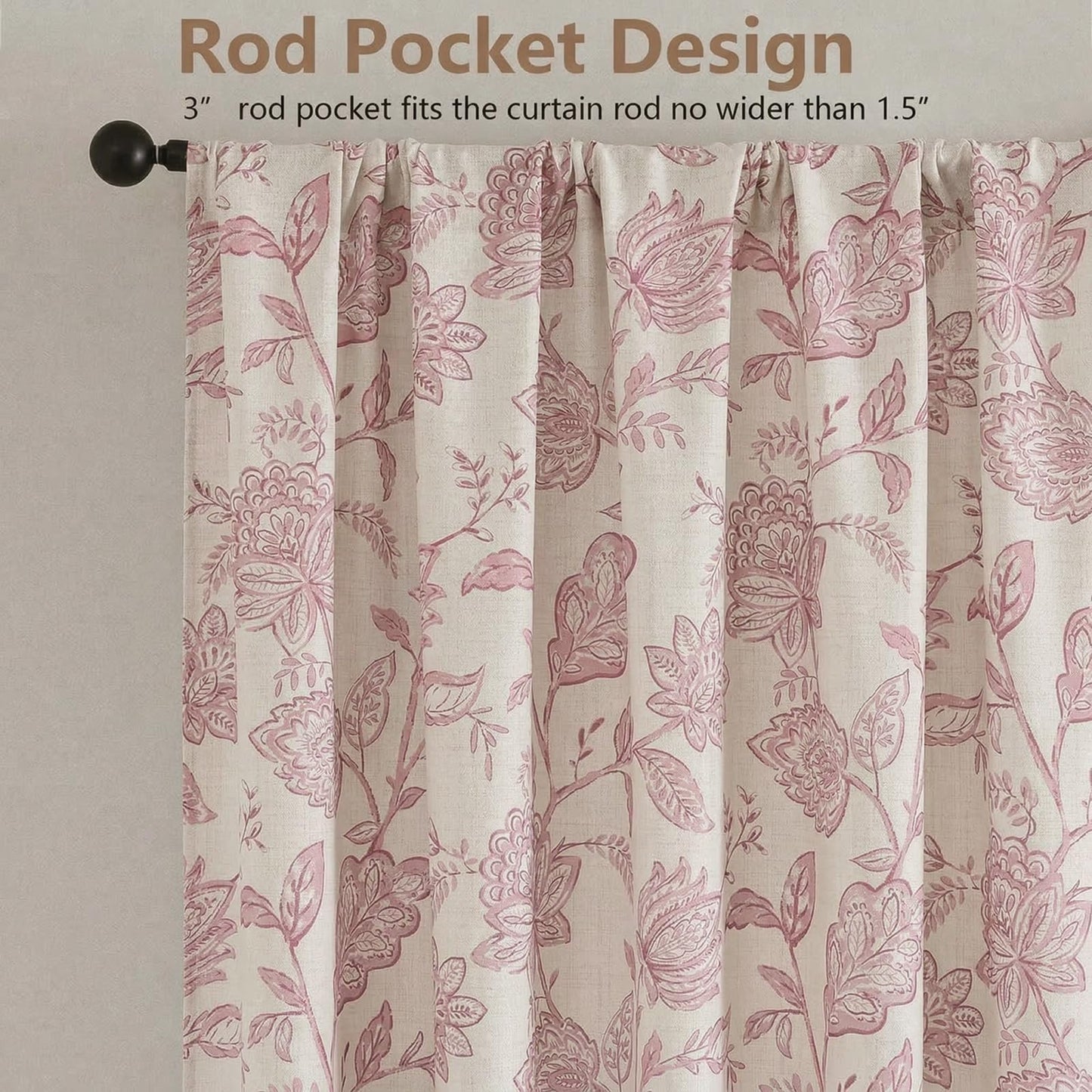 Ebesto Floral Curtains 63 Inch Length - Light Filtering Faux Linen Flower Printed Window Curtains for Bedroom, Rod Pocket No-See Through Privacy Drapes, 2 Panels, Each 40Wx63L Inches, Blush Pink