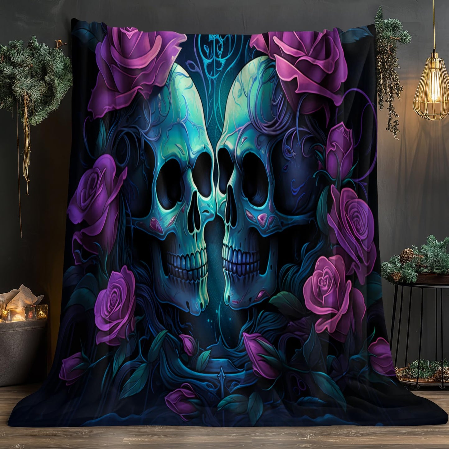 Skull Throw Blanket, Purple Rose Blankets for Couch Bed Sofa, Gothic Blankets and Throws - Super Soft Cozy Plush Flannel Blankets & Gifts, 50x60