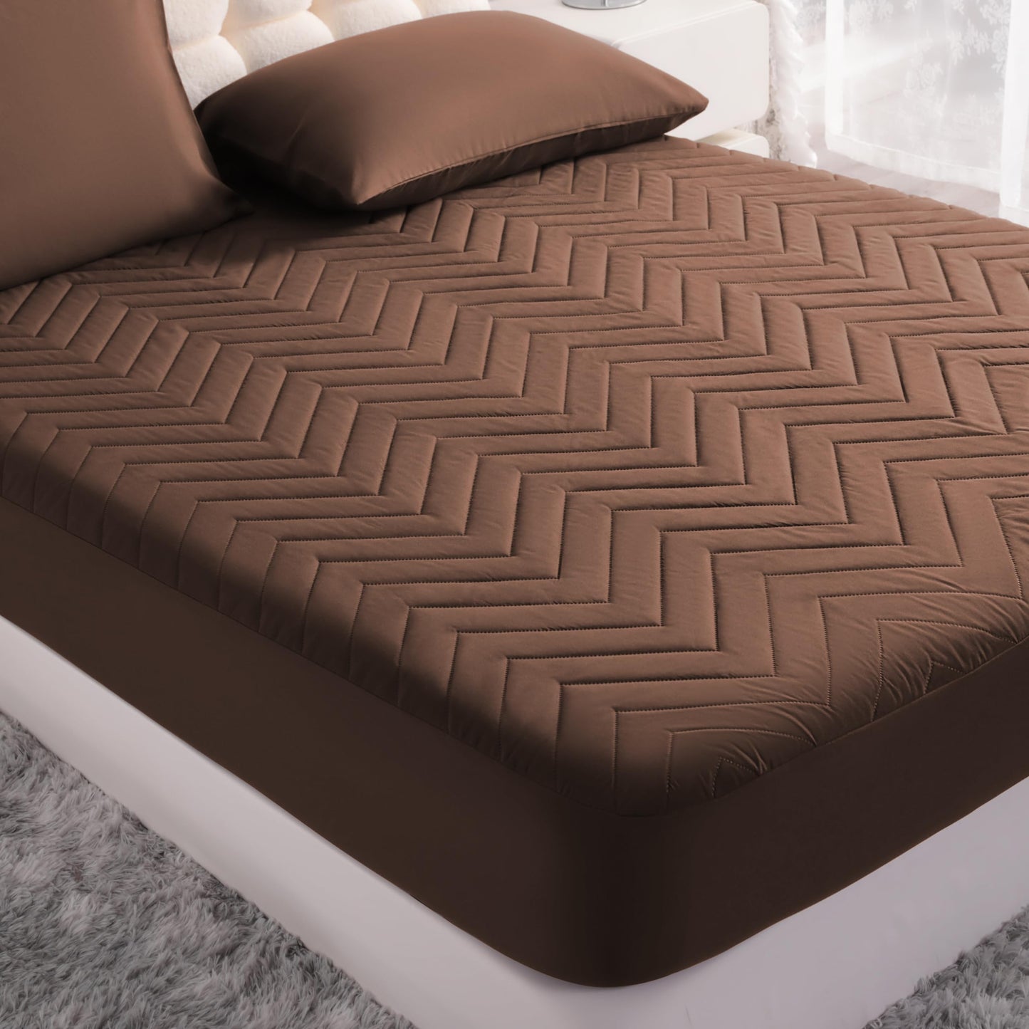 NTBAY Waterproof Mattress Protector, Quilted Twin Fitted Mattress Cover with 15" Deep Pocket- Machine Washable - Soft Mattress Pad Cover, Brown