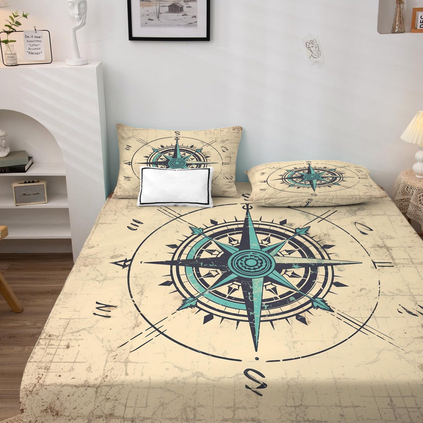 zcsm Compass Sheets King Sheet Sets - Nautical Bed Sheets, Soft Microfiber & Deep Pocket & Wrinkle Free Patterned Bedding Sheets & Pillowcases, 4 Piece (1 Fitted Sheet, 1 Flat Sheet, 2 Pillow Cases)