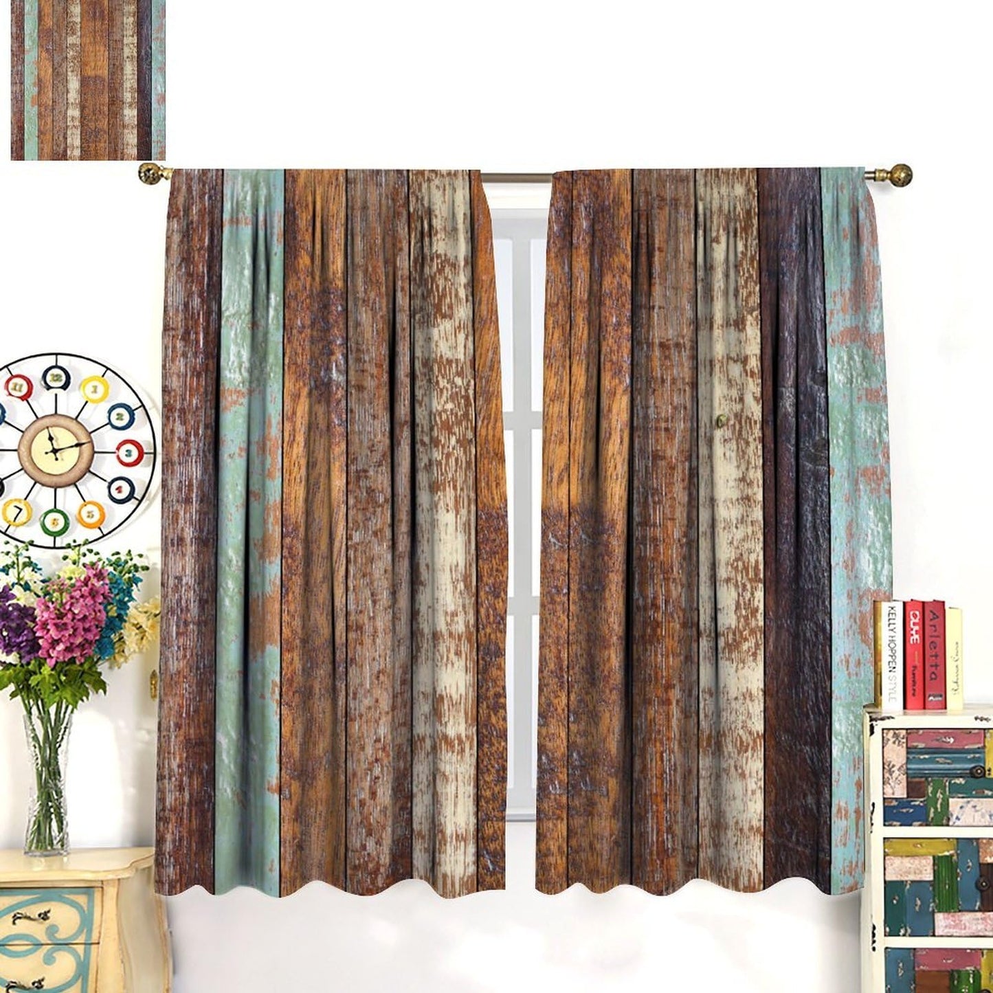DKMQQUL Rustic Wooden Board Curtains, Color Weathered Wood Plank Farmhouse Barn Door Rod Pocket Thermal Drapes for Kitchen Living Room Bedroom Window Treatment, 42x45 Inch