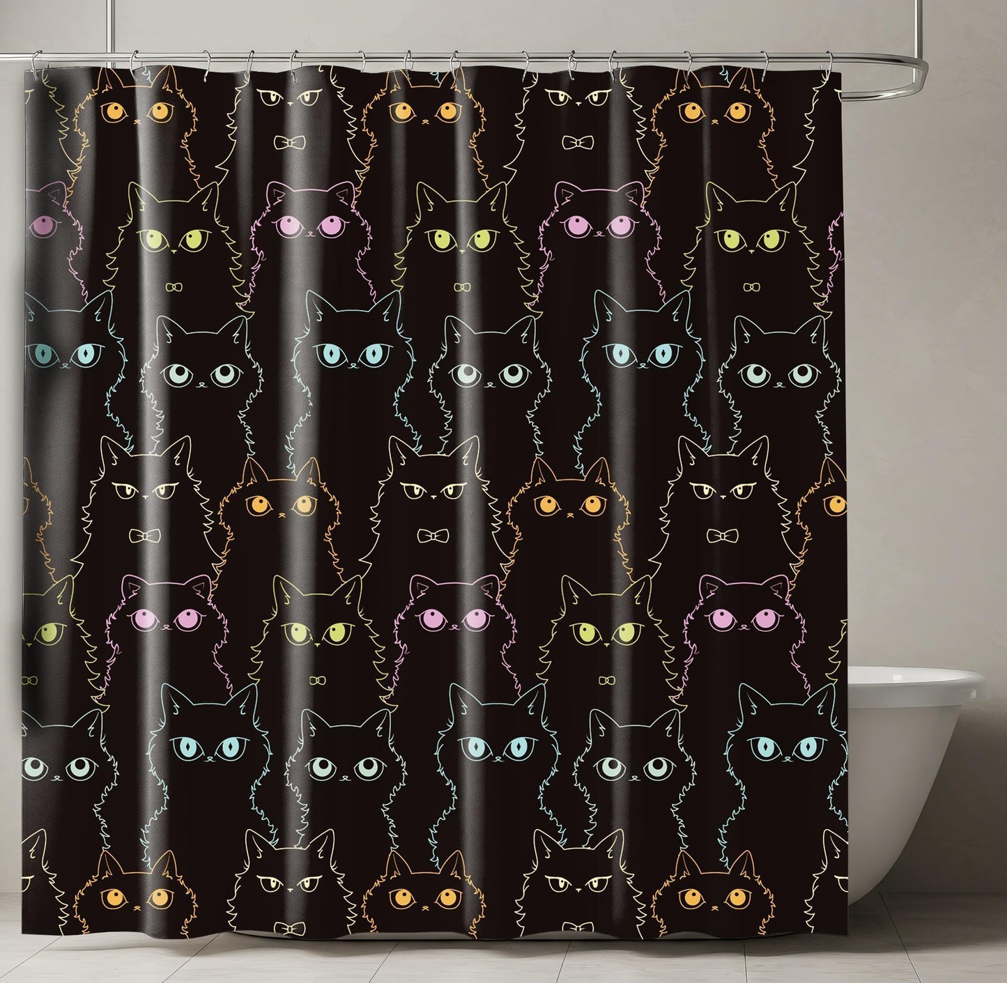 SDIII Black Cat Shower Curtain Set 72x72 Inch, Waterproof Microfiber Shower Curtain Cat Black for Cute Animal Themed Bathroom Decor Halloween