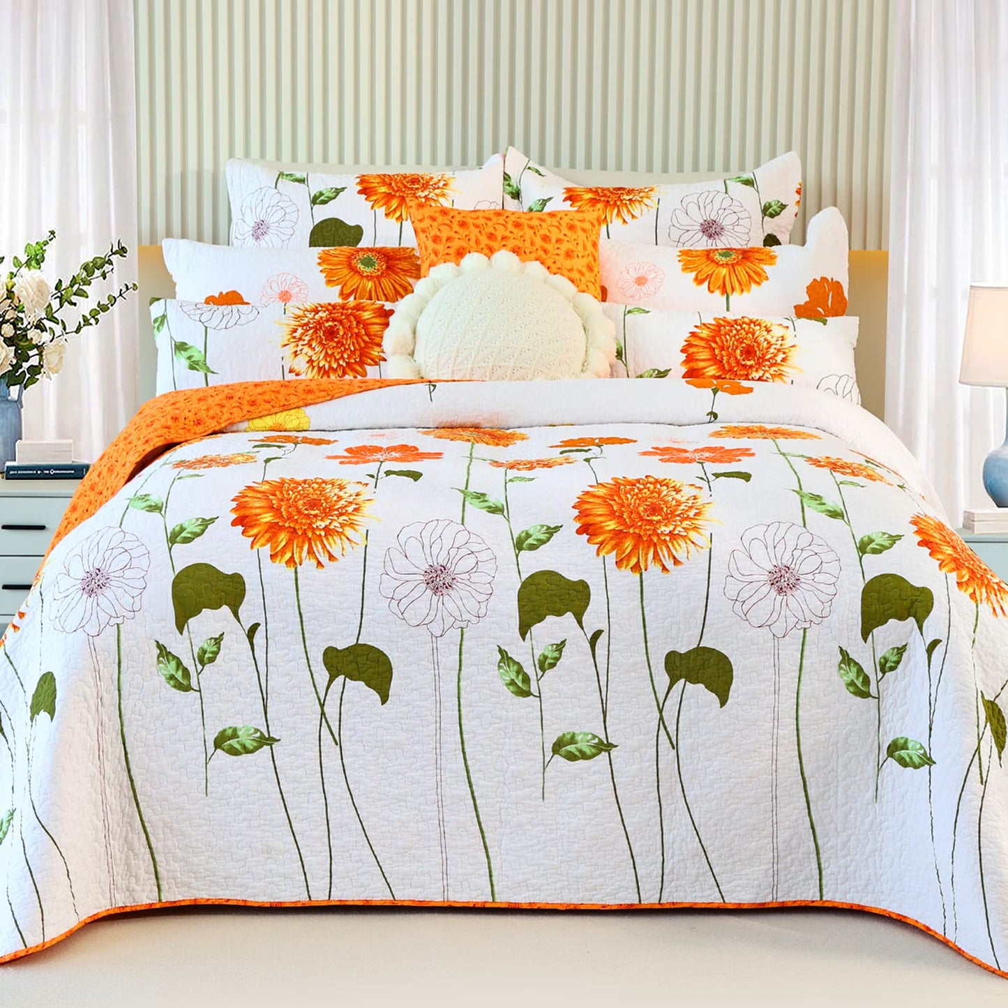 EVENHUG 100% Cotton Quilt Queen Size Orange Sunflower Bedding Set Floral Lightweight Full Quilt Reversible Coverlet Bedspread with 2 Pillow Shams All Seasons 3 Pieces (92"x96")