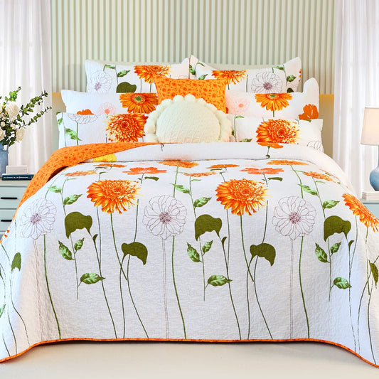 EVENHUG 100% Cotton Quilt Queen Size Orange Sunflower Bedding Set Floral Lightweight Full Quilt Reversible Coverlet Bedspread with 2 Pillow Shams All Seasons 3 Pieces (92"x96")