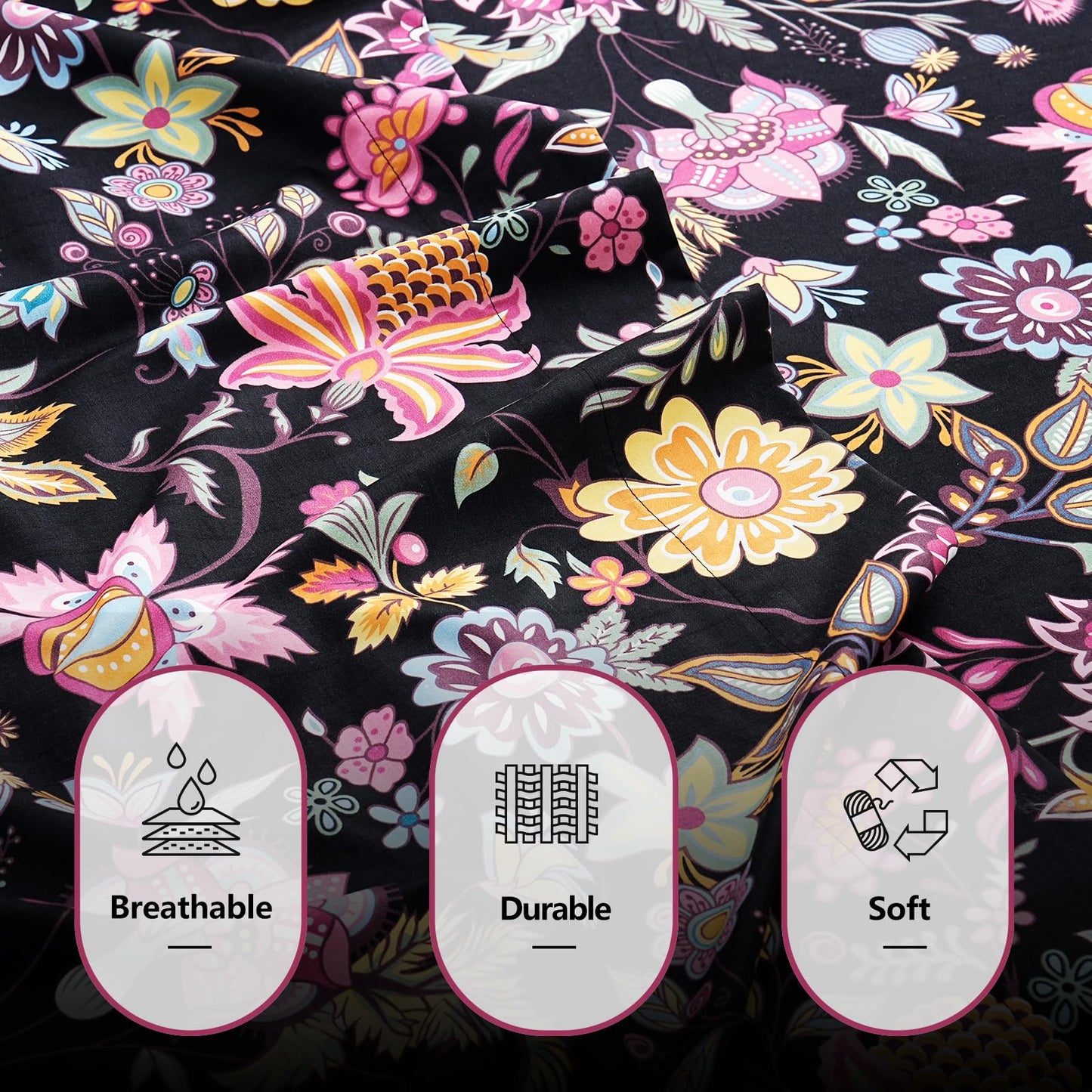 Bedlifes Queen Sheet Set Ultra Soft, Breathable, Silky Flower Deep Pocket 100% Microfiber Bedding, 4 Piece Queen Size with Floral,Black Yellow Flowers