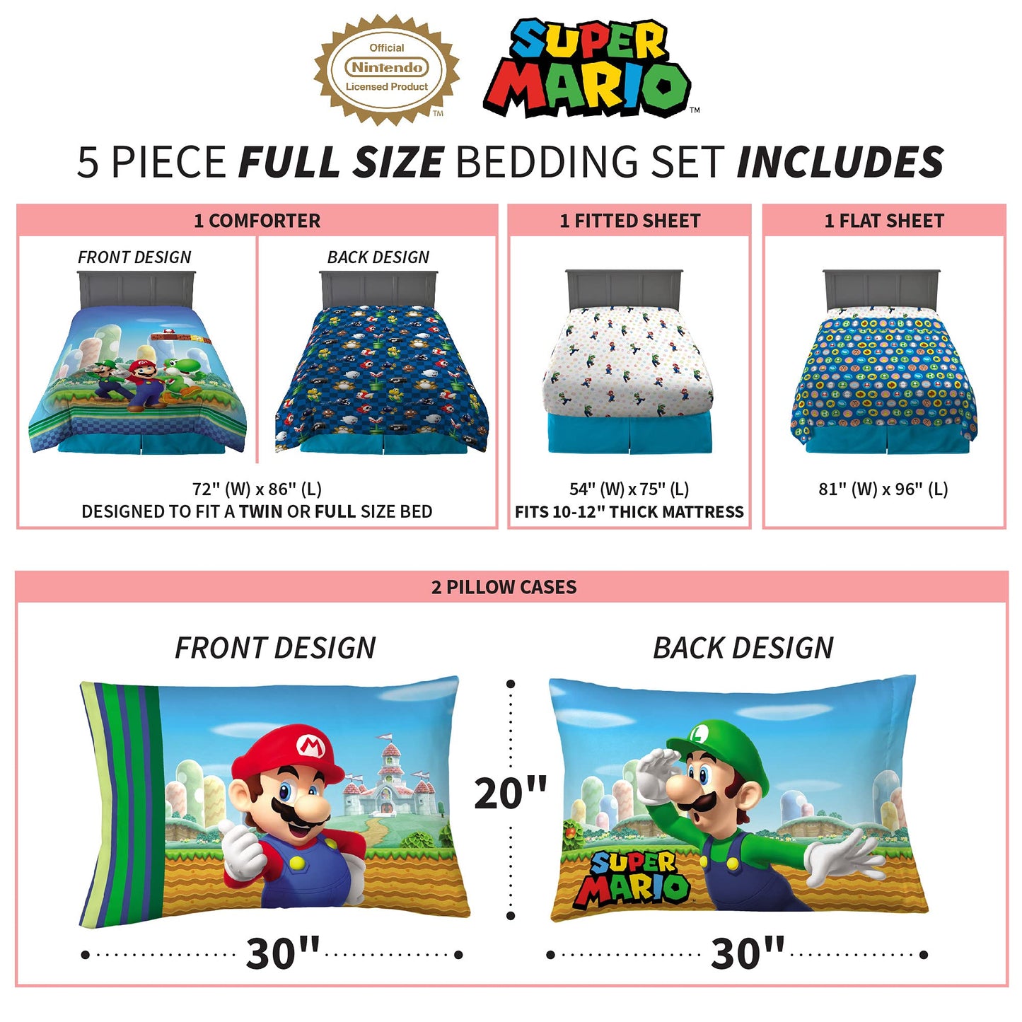 Super Mario Kids Full Size Bedding, 5 Piece Super Soft Cozy Reversible Comforter and Sheet Set, (Officially Licensed Product) By Franco