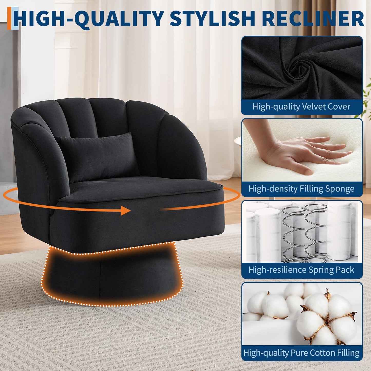 Garvee Ultra-Plush Swivel Accent Chair, 360° Barrel Lounge Chair with Cloud-Like Padding & Modern Striped Backrest, Velvet Upholstered Round Armchair for Living, Bedroom Reading Nook - Black