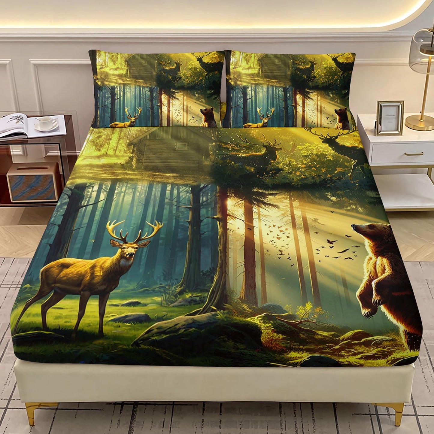 AILONEN Deer Hunting Bedding Set Twin XL Size,Green Fairy Forest Sunshine Deer Bear Fitted Sheet with 2 Pillowcases,Kids Boys Girls Soft Bed Sheet Set 3 Piece