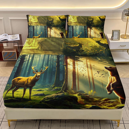 AILONEN Deer Hunting Bedding Set Twin XL Size,Green Fairy Forest Sunshine Deer Bear Fitted Sheet with 2 Pillowcases,Kids Boys Girls Soft Bed Sheet Set 3 Piece