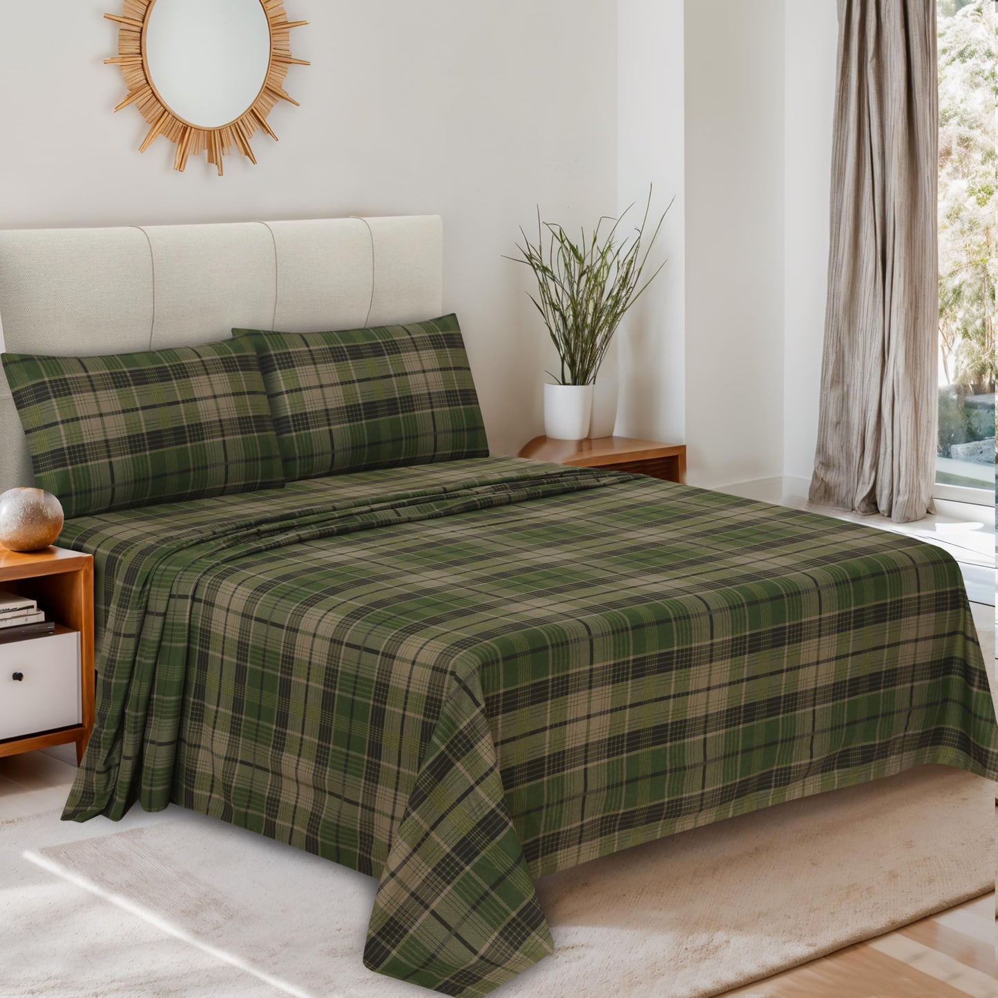 RUVANTI Flannel Sheets Queen Size - 100% Cotton Double Brushed Bed Sheets, Deep Pockets 16 Inches Queen Sheet Set, All Seasons Breathable & Extra Soft - Warm & Cozy, 4 Piece, DNA Plaid