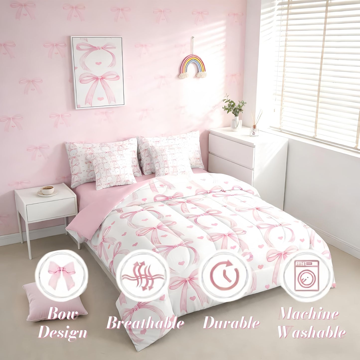 Erosebridal Ribbon Bowknot 7 Piece Comforter Set King Bed in A Bag Girls Love Heart Pink Bows Bedding Set for Women Room Decor Coquette Bow Sheets Valentine Stripe Pink Bows Bowtie Bed Comforter Sets