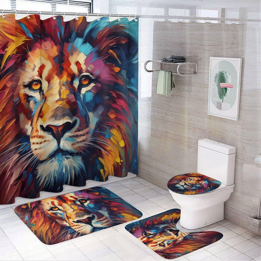 FOCCAFB 4Pcs Vintage Lion Head Bathroom Sets with Shower Curtain Rugs Mats Natural Animal Abstract Paintings Bathroom Decorations Sets with Non Slip Rugs Toilet Lid Cover Bath Mat, Style-1