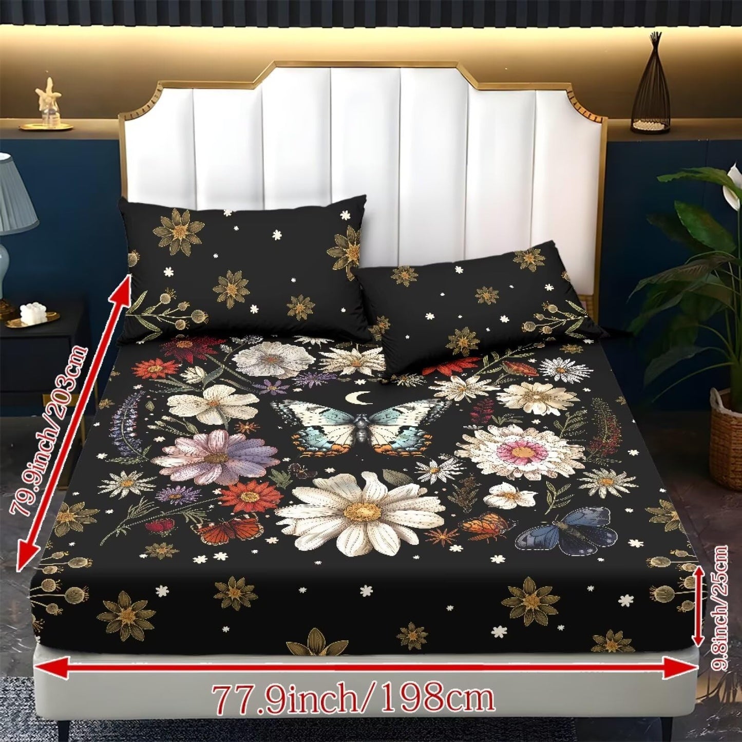 ZDCUSTOM Twin XL Size Floral Butterfly Sheets 3pcs Bedding Set for Girls Comfy & Wrinkle Free Fitted Sheet with 2 Pillowcases Black Bedsheet Easy Install Bedsheets, 39" x 79"